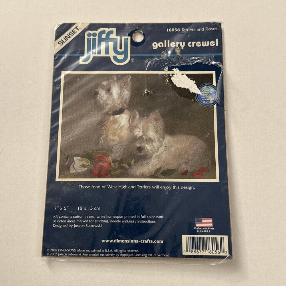 Sunset Jiffy Terriers & Roses Dog Crewel/Embroidery  Kit 7" x 5" New D37